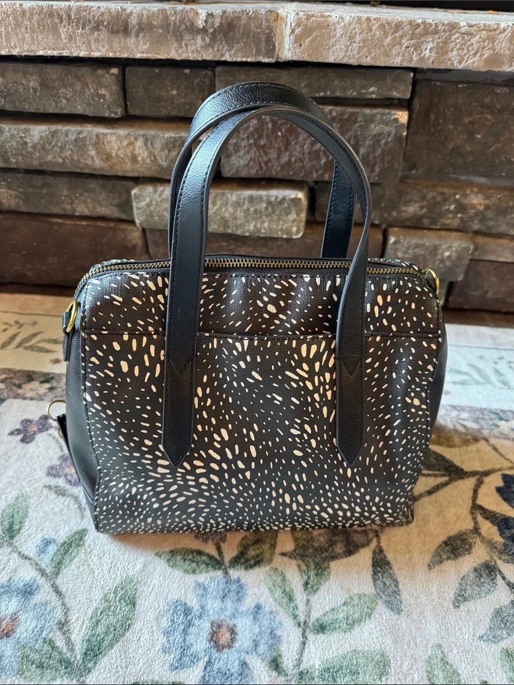 Fossil Black Satchel with Cream Speckle Print